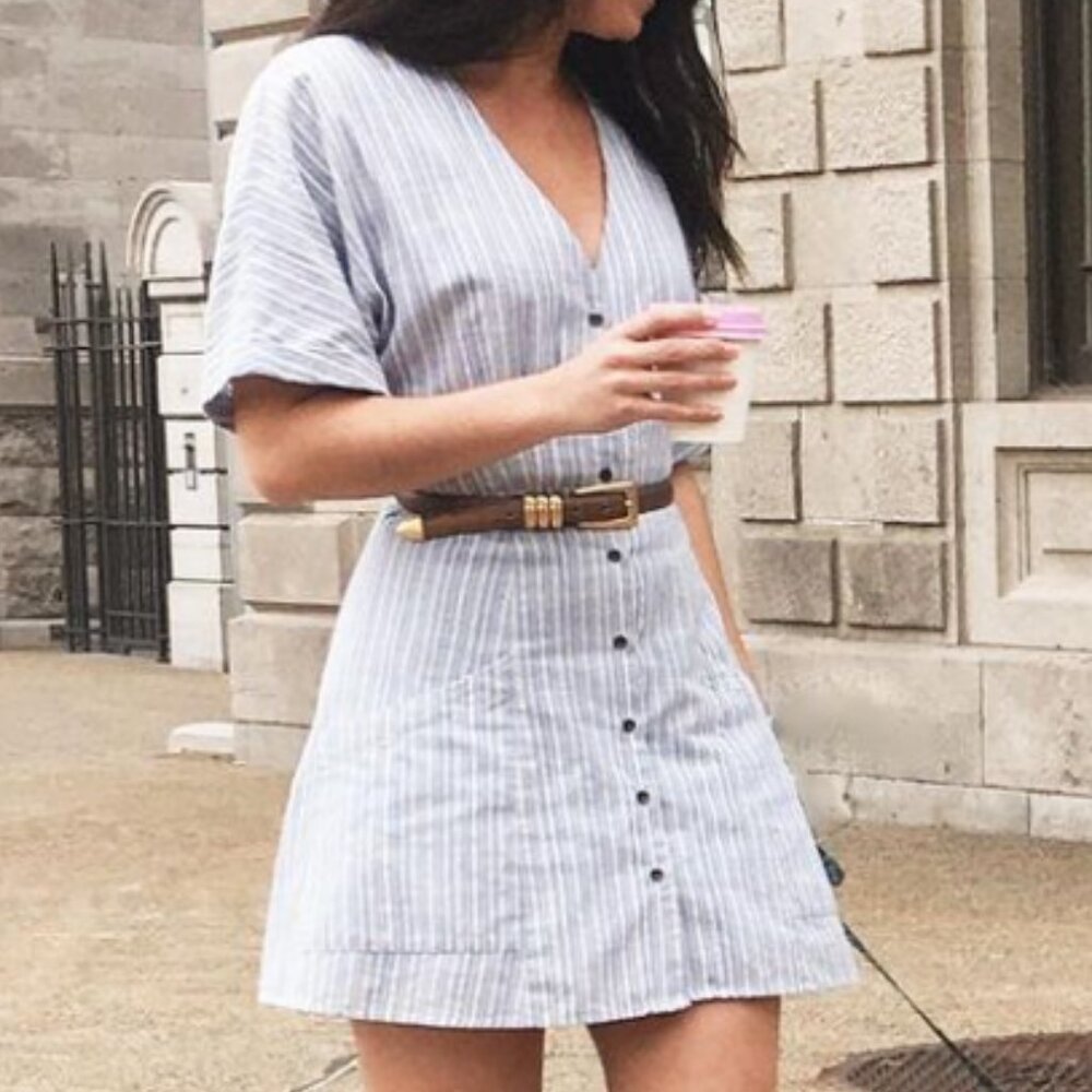Heartloom - Stripped Button Down Dress - White and Light Blue - XS